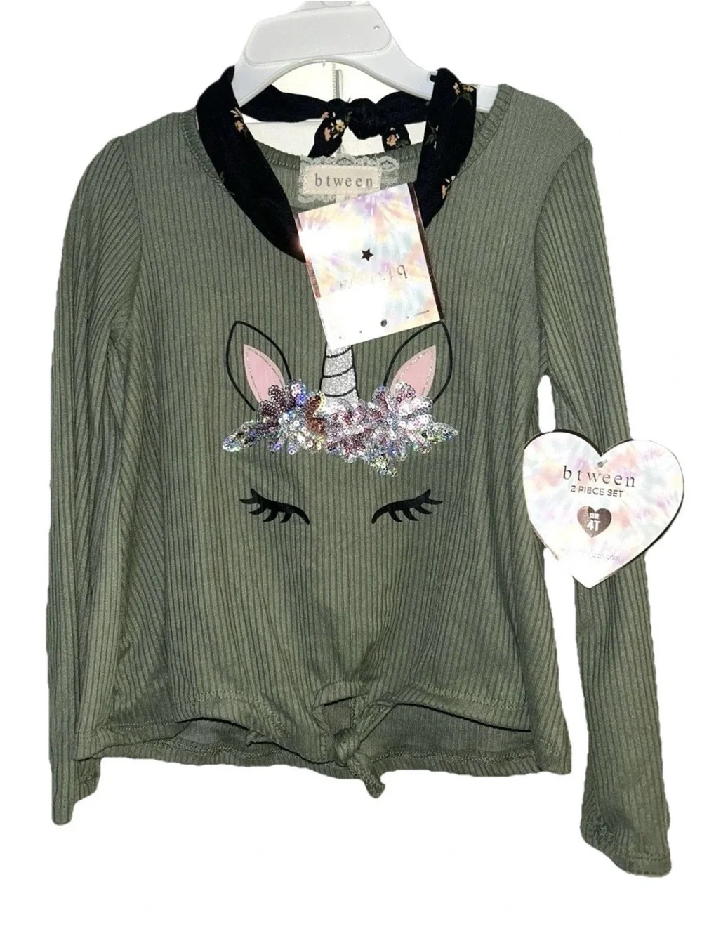 4T Unicorn Sparkle Sequin Floral Outfit with Tie-Front Shirt Leggings & Headband